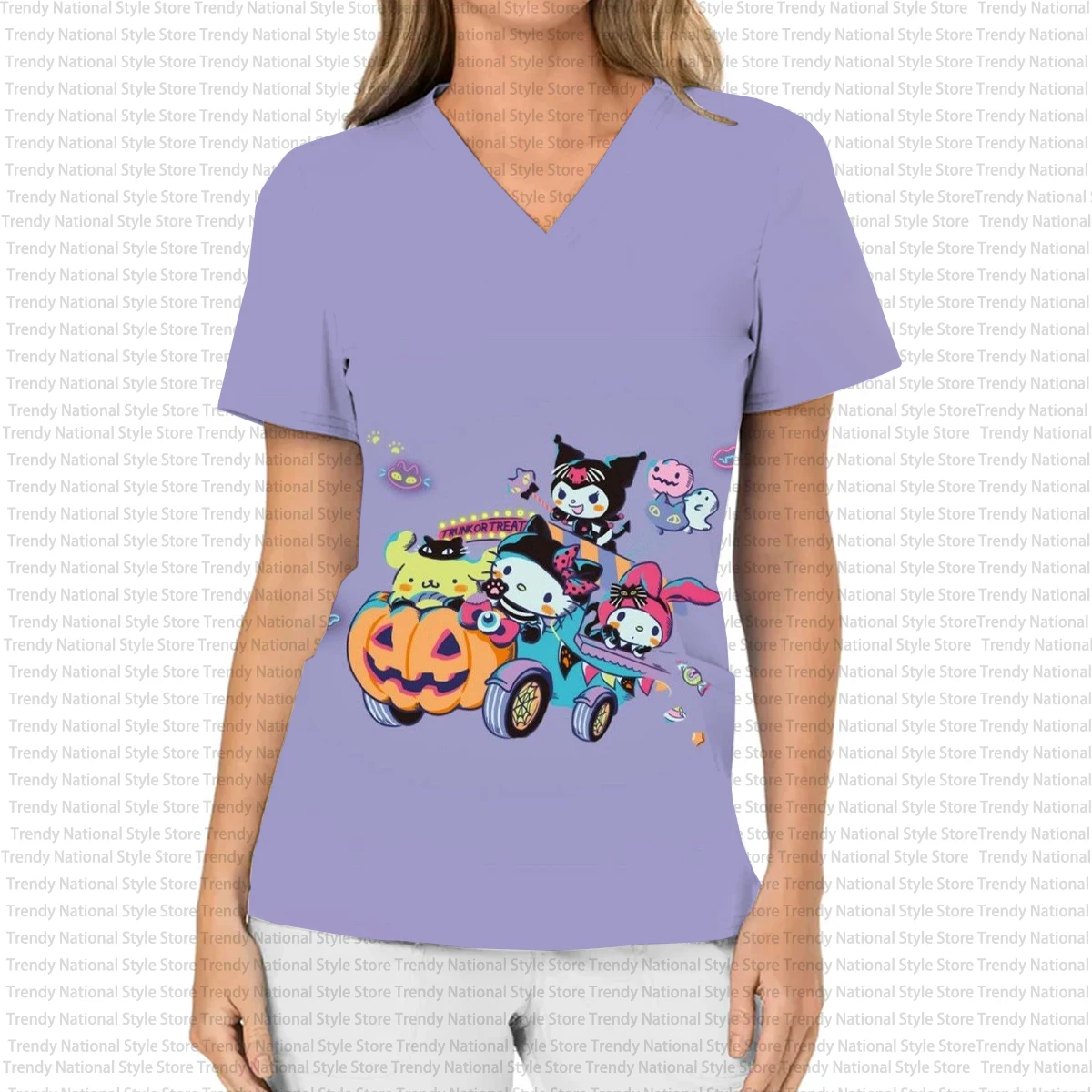 New Summer Scrub Top Halloween Hello Kitty Print Women's V-Neck Short-Sleeved T-Shirt Hospital Dental Pet Shop Nursing Uniform