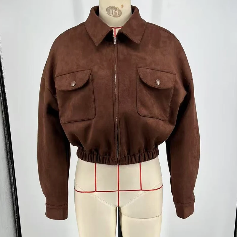 2026 Giacca da donna in finta pelle scamosciata allentata casual solida Manica lunga Colletto con risvolto con tasche Crop Capispalla Cappotto primavera autunno