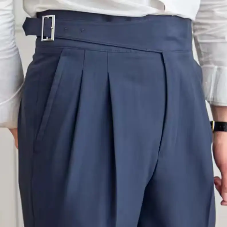 

Navy Blue Mens Dress Pant Business Versatile Belt High Waist Straight Pants Men 2026 Spring Trousers Gentleman Paris Button Pant
