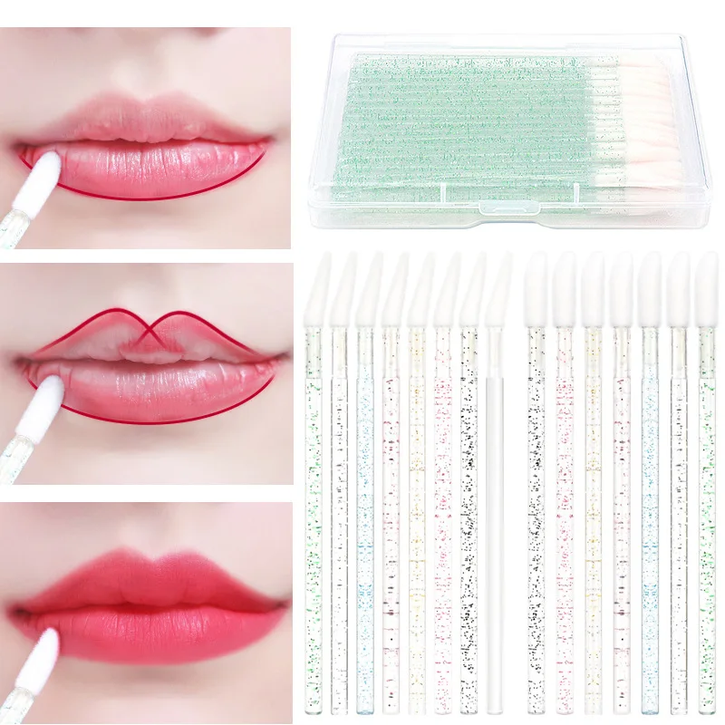 

Wholesale disposable slanted lip brush 50 pieces boxed crystal rod colorful makeup brush lipstick lip glaze application brush