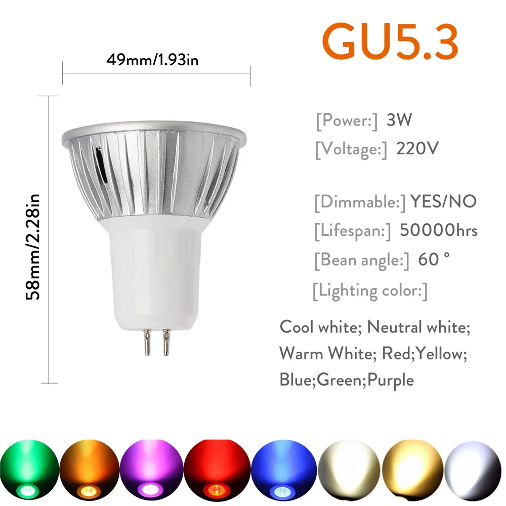 Dimmable GU10 GU5.3 MR16 LED Spotlight 3W Multicolor LED Light Bulb 110V/220V 12V LED Lamp For Home Office 60Degree Lighting