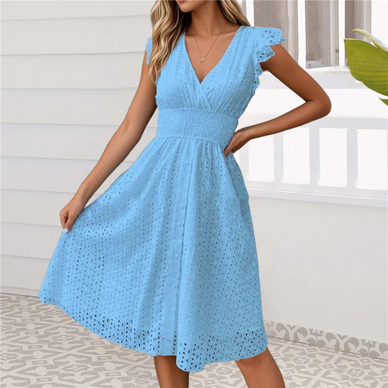 NUOVO-Donna 2025Eyelet Abito da festa in vita smock con ricamo in pizzo Manica svolazzante A Line Abito lungo midi da sole