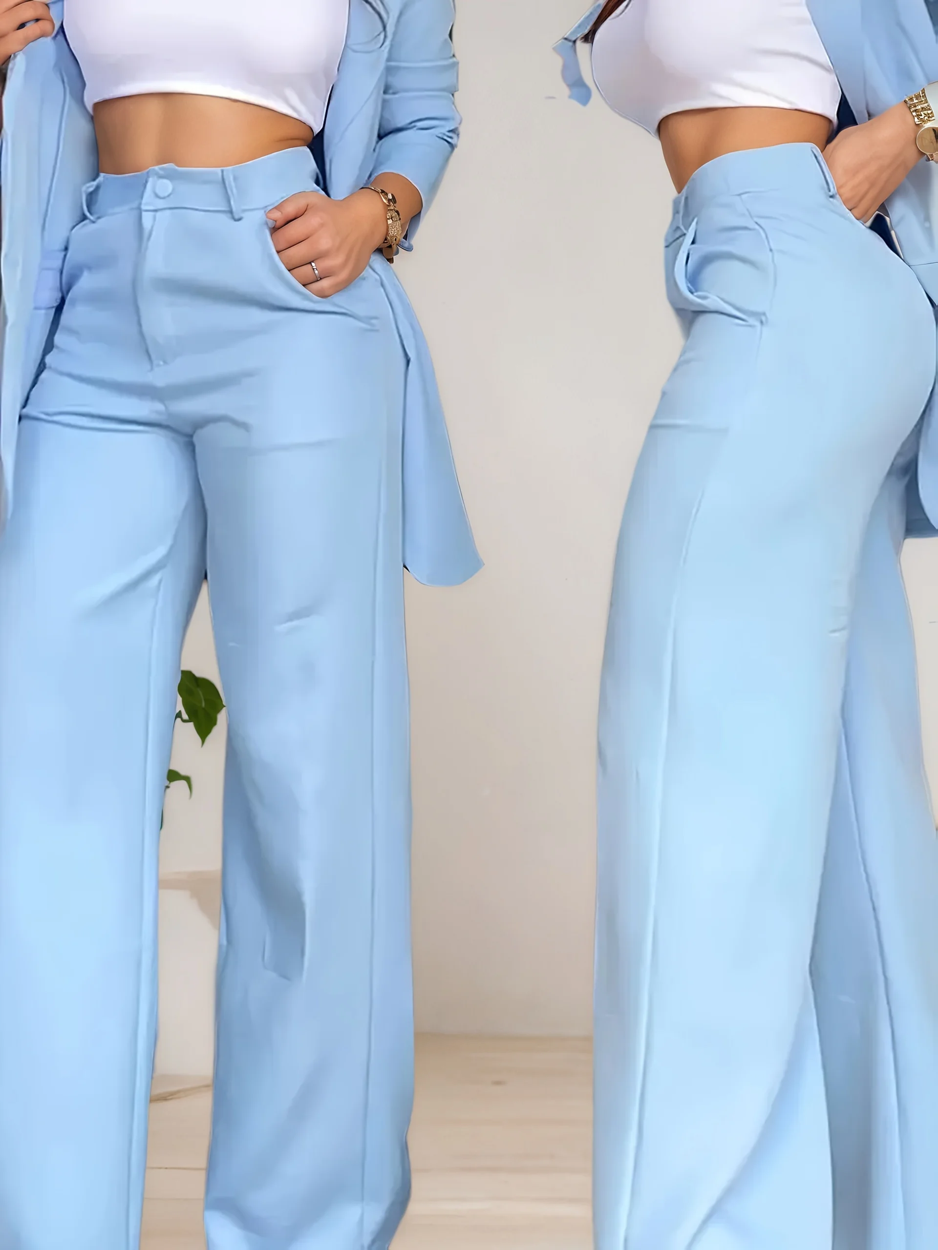 

Женский классический костюм, свободные брюки с верхом на одной пуговице и манжетами на пуговицах, подходят для бизнеса или важных случаев.