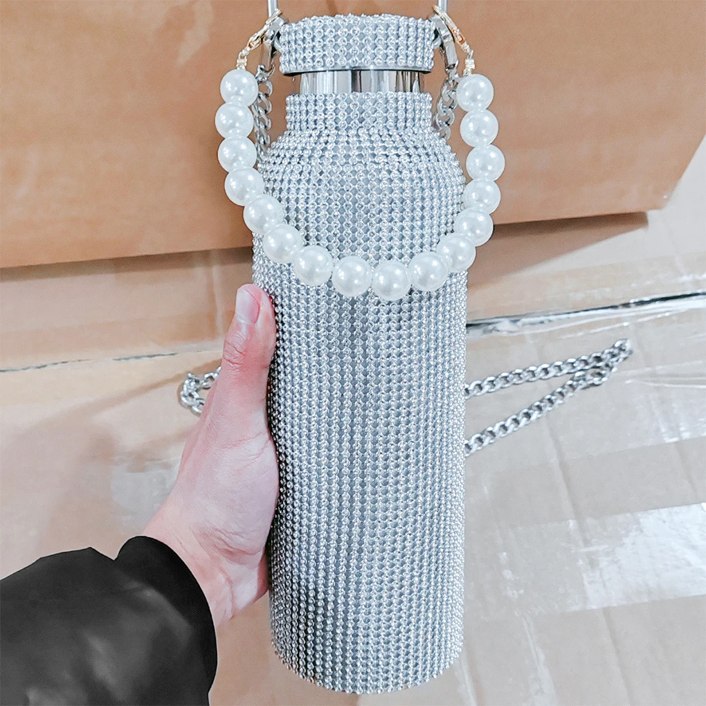 2024 New 750ml Bling Diamond Thermos Bottles Portable Glitter Rhinestone Water Bottle Crossbody Stainless Steel Thermal Flask