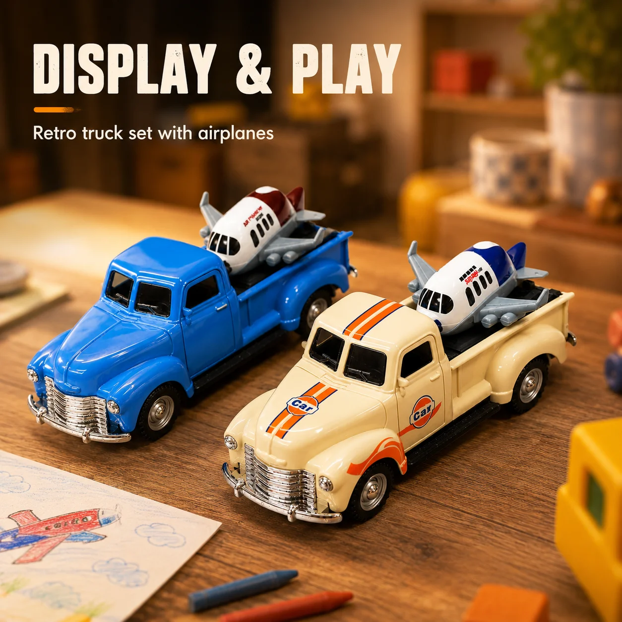 MQUDUO 2 Retro Pickup Trucks with 2 Random Color Airplanes, Classic Cargo Vehicle Models for Display Collection Gift