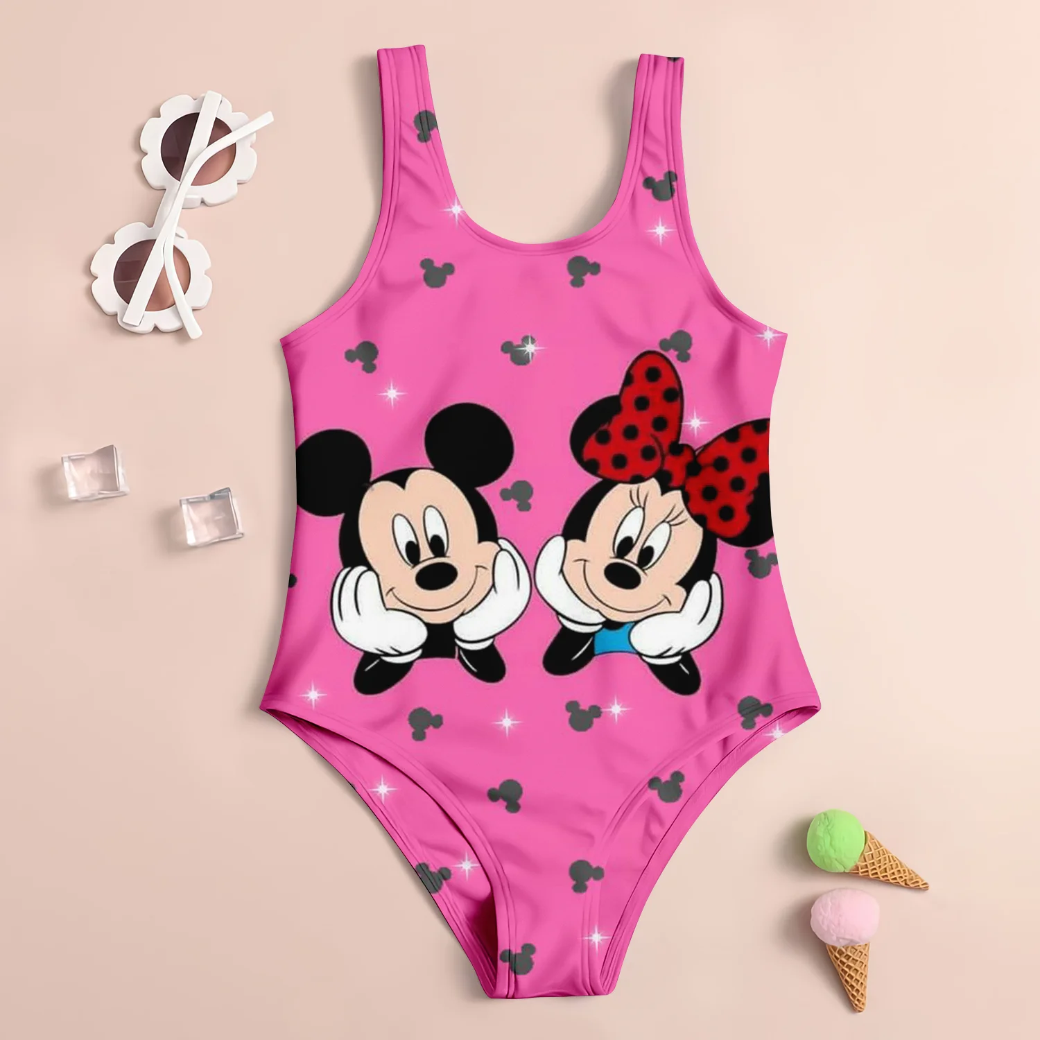 New MINISO Girl Summer One-Piece Swimsuit Fashion Cartoon Cute Hellokitty Print Women Swimwear Sleeveless Swim 2024 Clothing