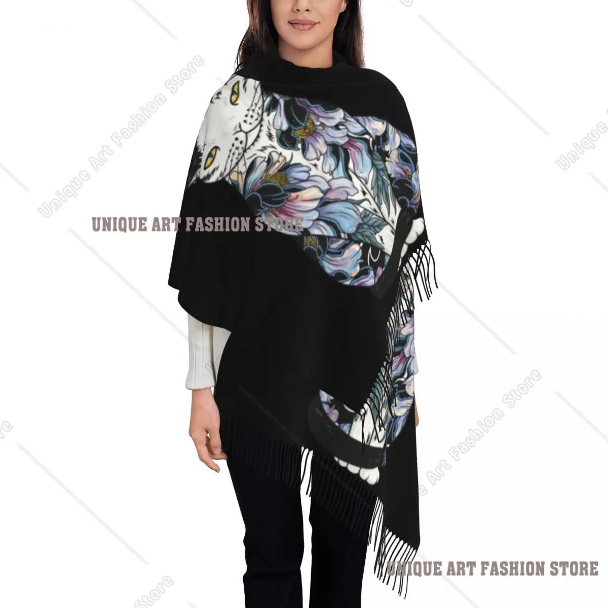 

Женский шарф с кисточками и татуировкой Cat In Cosmic Black Peonies, мягкая шаль, женские зимние шарфы