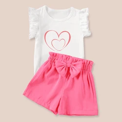 Summer Girls Fashion Set, Small Flying Sleeves, Love Printed Top+bow Decoration Shorts, Children's Home or Party Clothing