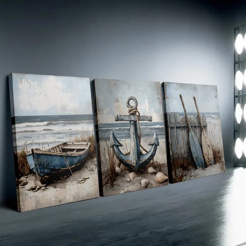 3 قطع من اللوحات القماشية بدون إطار، "مجموعة فنية جدارية بحرية لمشهد الشاطئ مكونة من 3 لوحات - مرساة، قارب، ديكور ساحلي للمجاديف" 11.8X15.7
