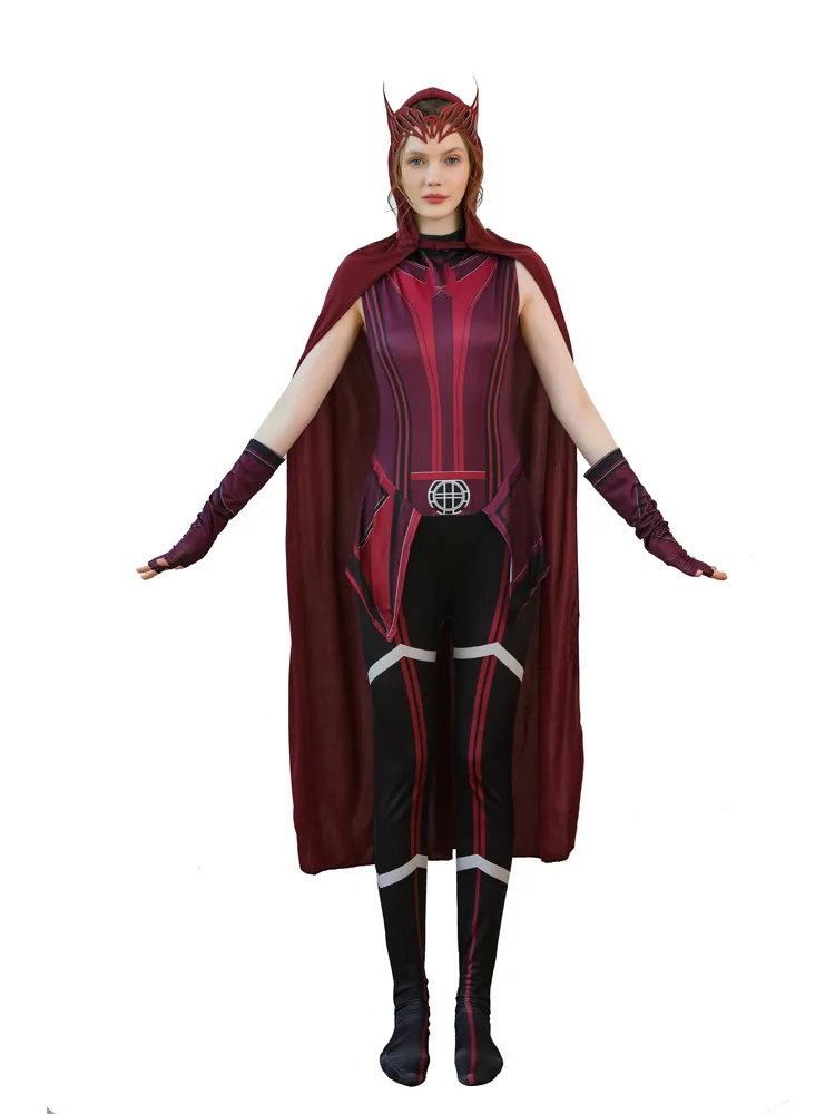 Scarlet Cosplay Witch Maximoff Wanda Vision przebranie na karnawał nakrycia głowy płaszcz i spodnie komplet strój akcesoria na Halloween rekwizyty