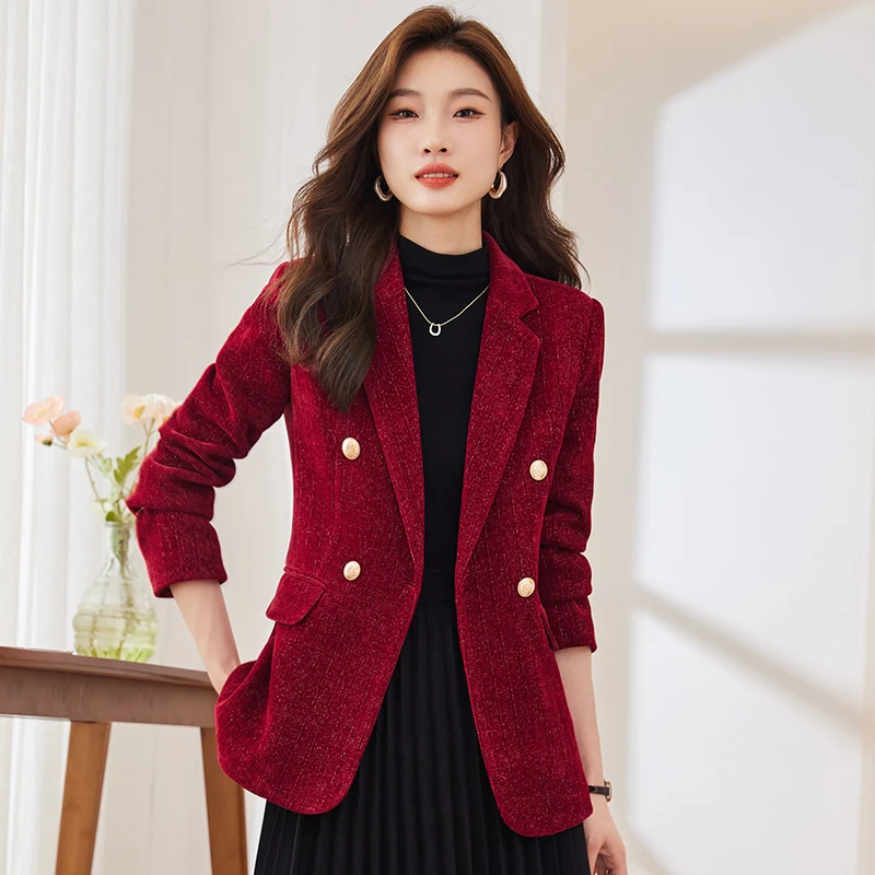 Chaqueta de terciopelo dorado de doble botonadura para mujer, traje de pana de terciopelo con hombros acolchados, ajustado, rojo vino, manga larga, Otoño e Invierno