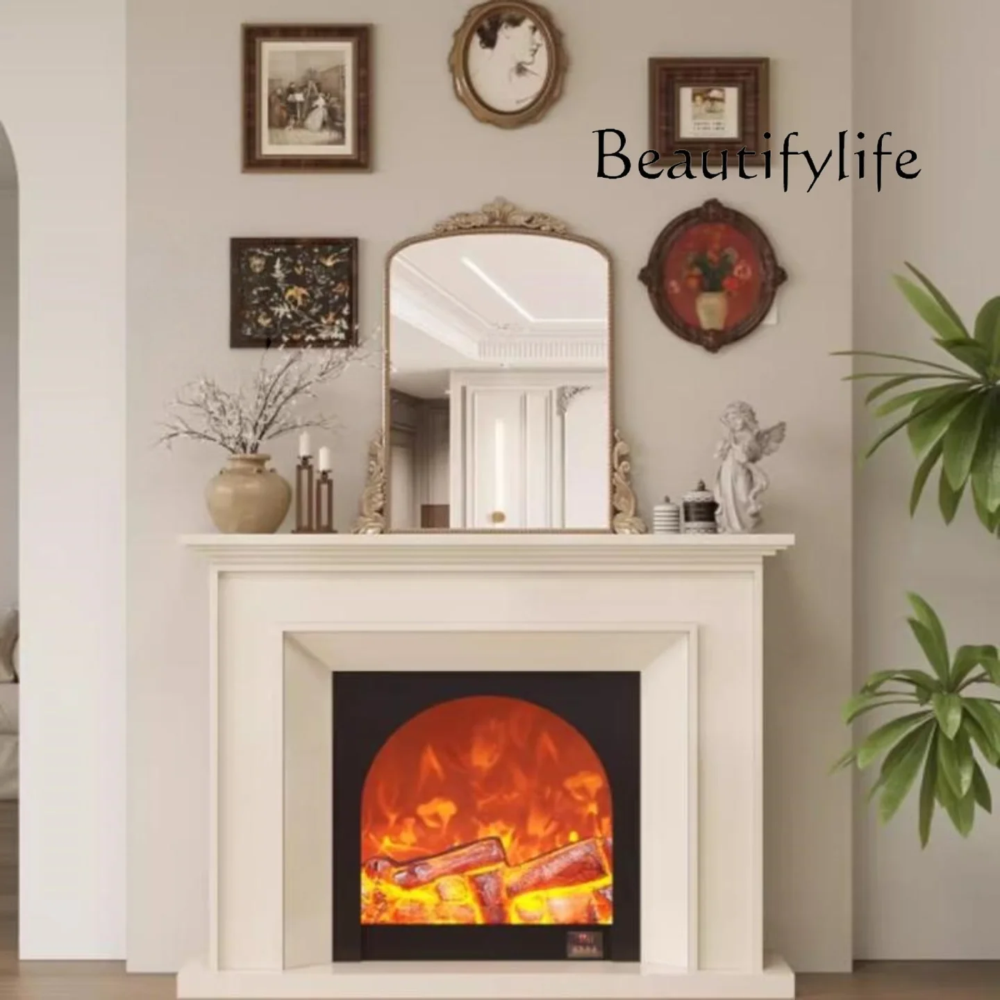 

Simple French cream wind mantel living room background wall decoration modern American porch cabinet