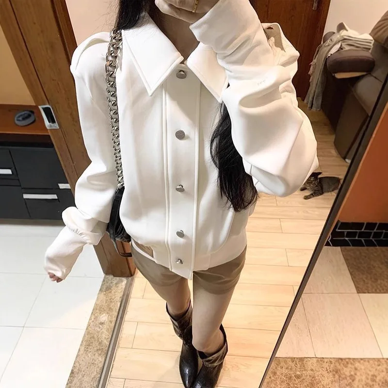 

Women's New Niche American Style Loose Cropped Top Spring Autumn Style High end White Stand Collar Jacket Lightweight Coat