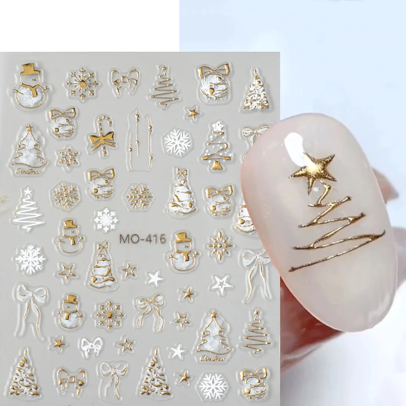 Złote naklejki na paznokcie świąteczne Y2K, brązujące, z motywem choinki, płatków śniegu, bałwana, gwiazdy, kreskówkowe jeleń, niedźwiedź, naklejki do manicure na Nowy Rok.