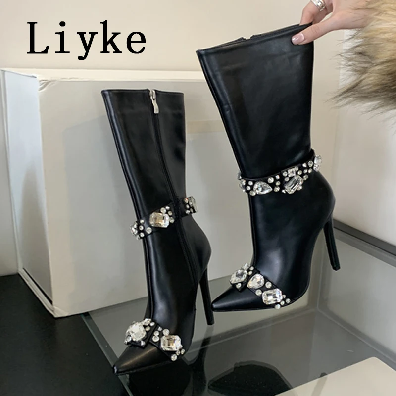 Liyke Fashion Crystal Gem Rivet Women Autumn Winter Shoes Zip Ankle Chelsea Boots Sexy Pointed Toe Party Stripper Heels Booties