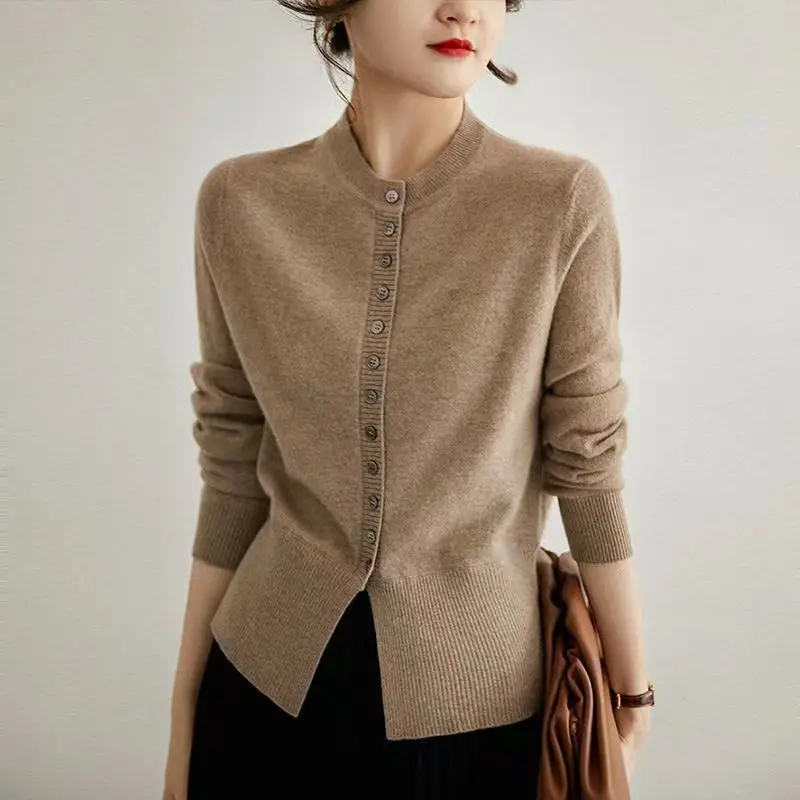 TuangBiang Autumn Spring 2023 Elegant Women O-Neck Cotton Cardigan Coat Single-Breasted Long Sleeves Comfortable Knit Khaki Tops