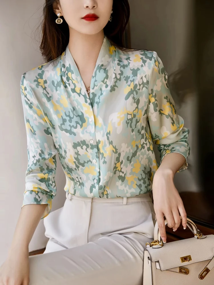 New arrived deep-V neck women blouses Fashion printed ladies shirts 2025 Spring Summer Button-Down Tops