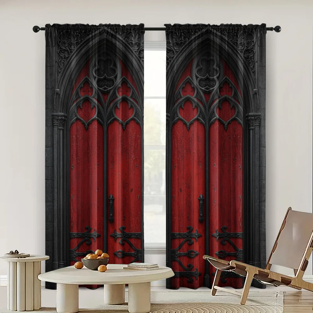 2pcs, spring summer Curtains Gothic Castle Sheer Curtains Polyester Easy Install Decorations Outdoor for Kitchen Living Room