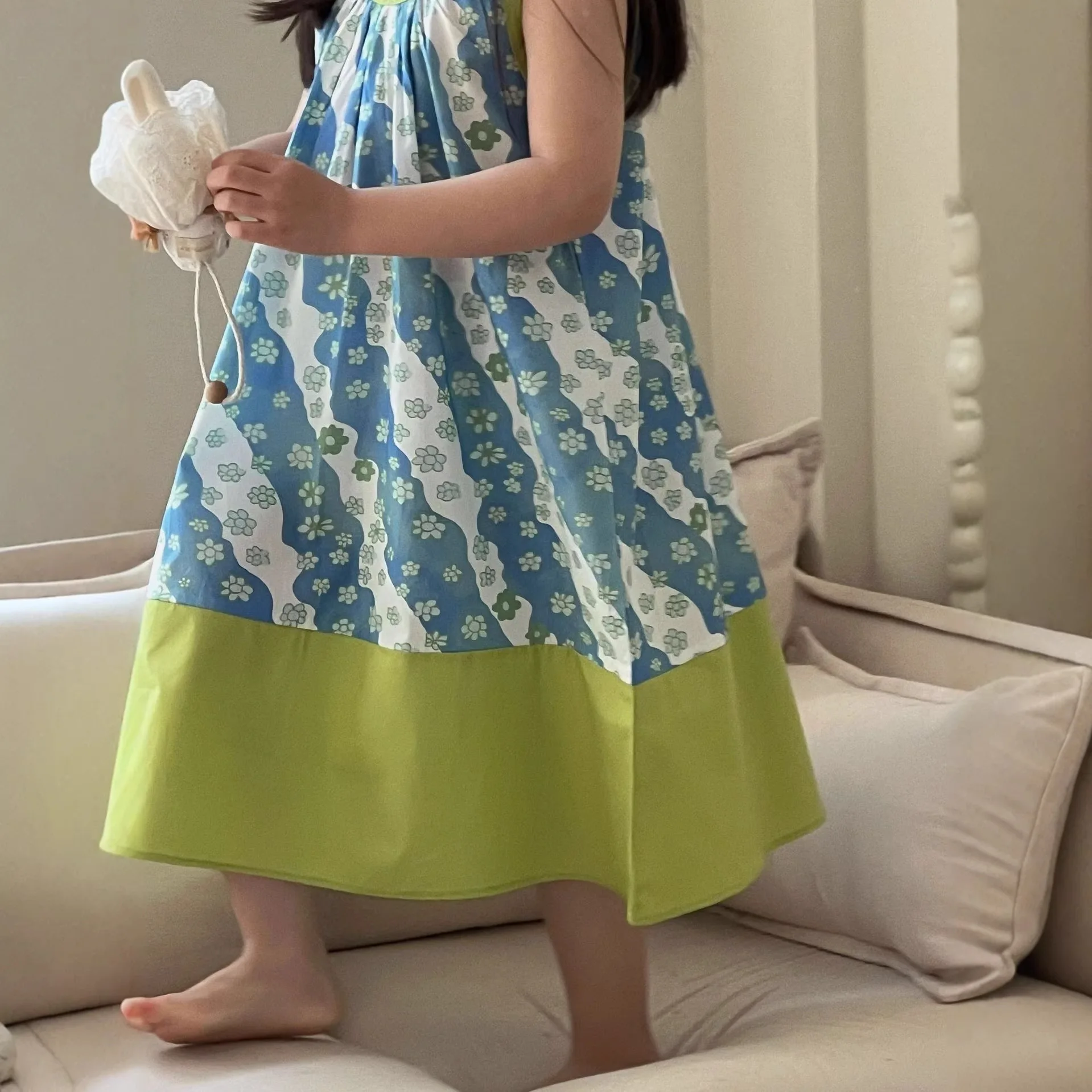 Floral Skirt Girls' 2026 Spring and Summer New Color Matching U-neck Sleeveless Pastoral Vest Skirt Children's Cotton Dress