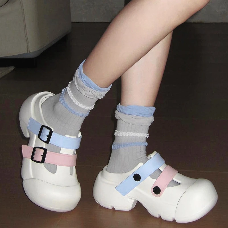 

Korean Style Platform Slippers Women Indoor Outdoor Mary Jane Shoes Colorful Belt Thick Sole Fashion Clogs Girls Street Sandals