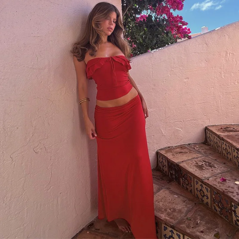 

Tuularose Summer Red Strapless Casual Long Skirt Suit Women Fashionable Lace-up Backless Suit Solid Color Slim Beach Skirt Suit