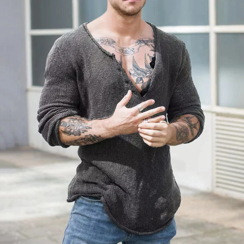 2023 Spring Long Sleeve V Neck Slim Casual Pullover Tops Men Vintage Solid Color Knitting T-shirts Mens Fashion Tees Streetwear