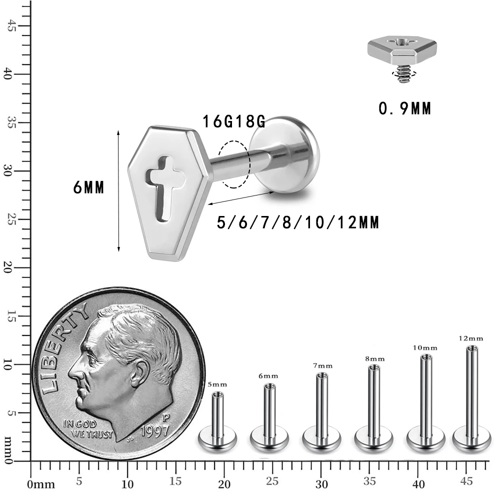 F136 Titanium Halloween Cross Coffin Jewelry Internal Threaded Flat Bottom Ear Studs Lip Studs Titanium Piercing Ear Bone Studs