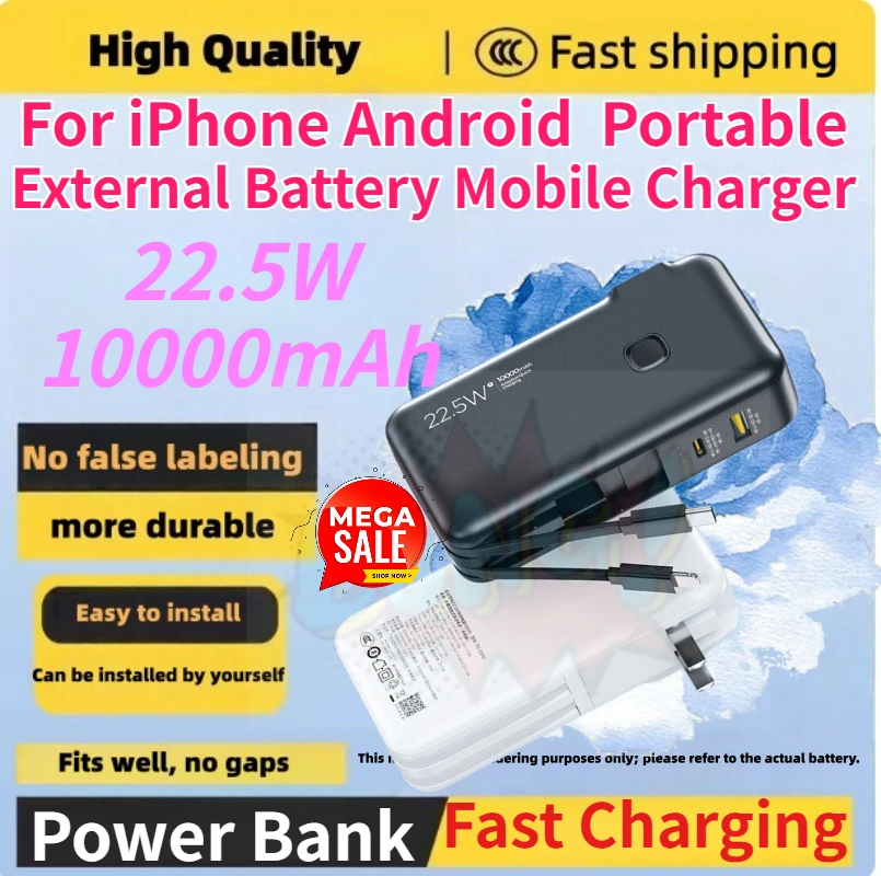 

10000mAh 22.5W Power Bank with Built-in Plug & Cable Fast Charging Portable External Battery Mobile Charger for IPhone Android