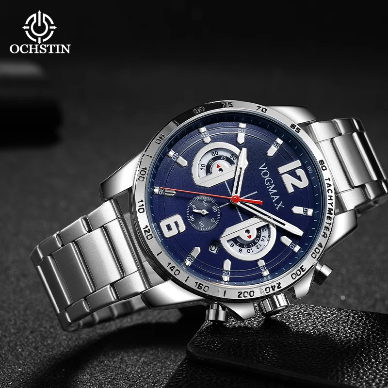 OCHSTIN Male Multi-Function Quartz Movement Watch Man Premium Stainless Steel Strap Hardened Mineral Glass Waterproof Clock