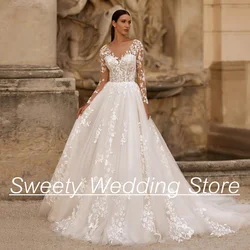Wedding Dress for Woman Bride Customized Long Sleeves Scoop Neck Applique Sweep Train Illusion Bridal Gown Vestidos De Novia