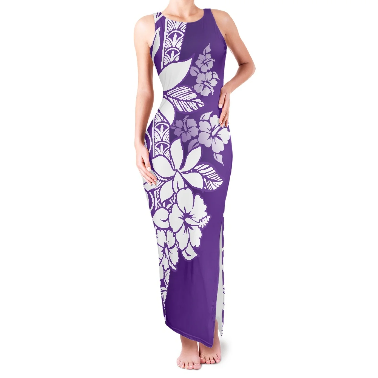 

Polynesian Tribal Samoan Totem Tattoo Samoa Prints Elegant Slim Round Neck Double Slit Sundress High Slit Sexy Bodycon Dresses