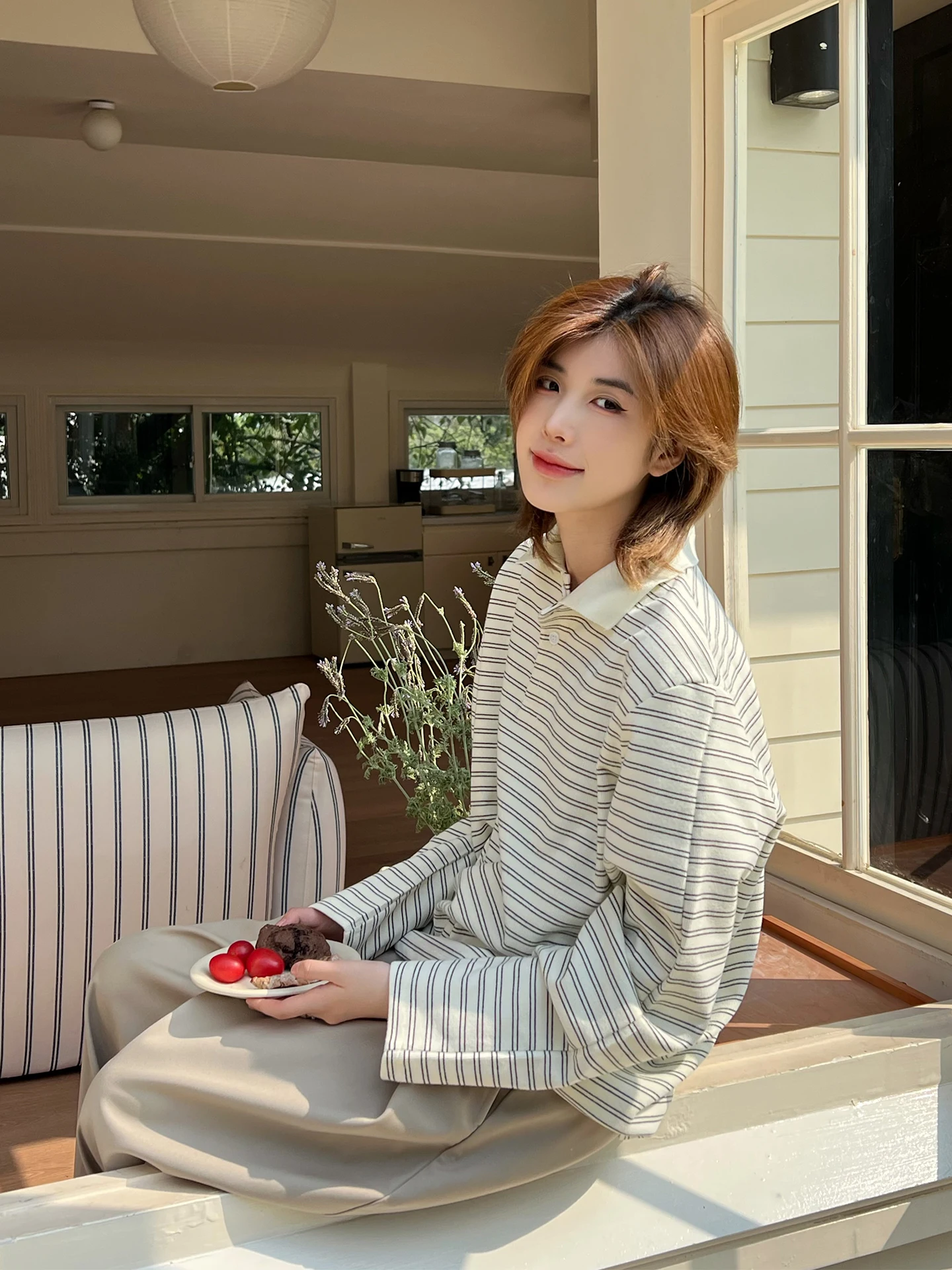 

Ja Knitted Long Sve irt ex Early Spring Soft Polyester Fiber Button Design Striped Pattern Loose Fit Sle