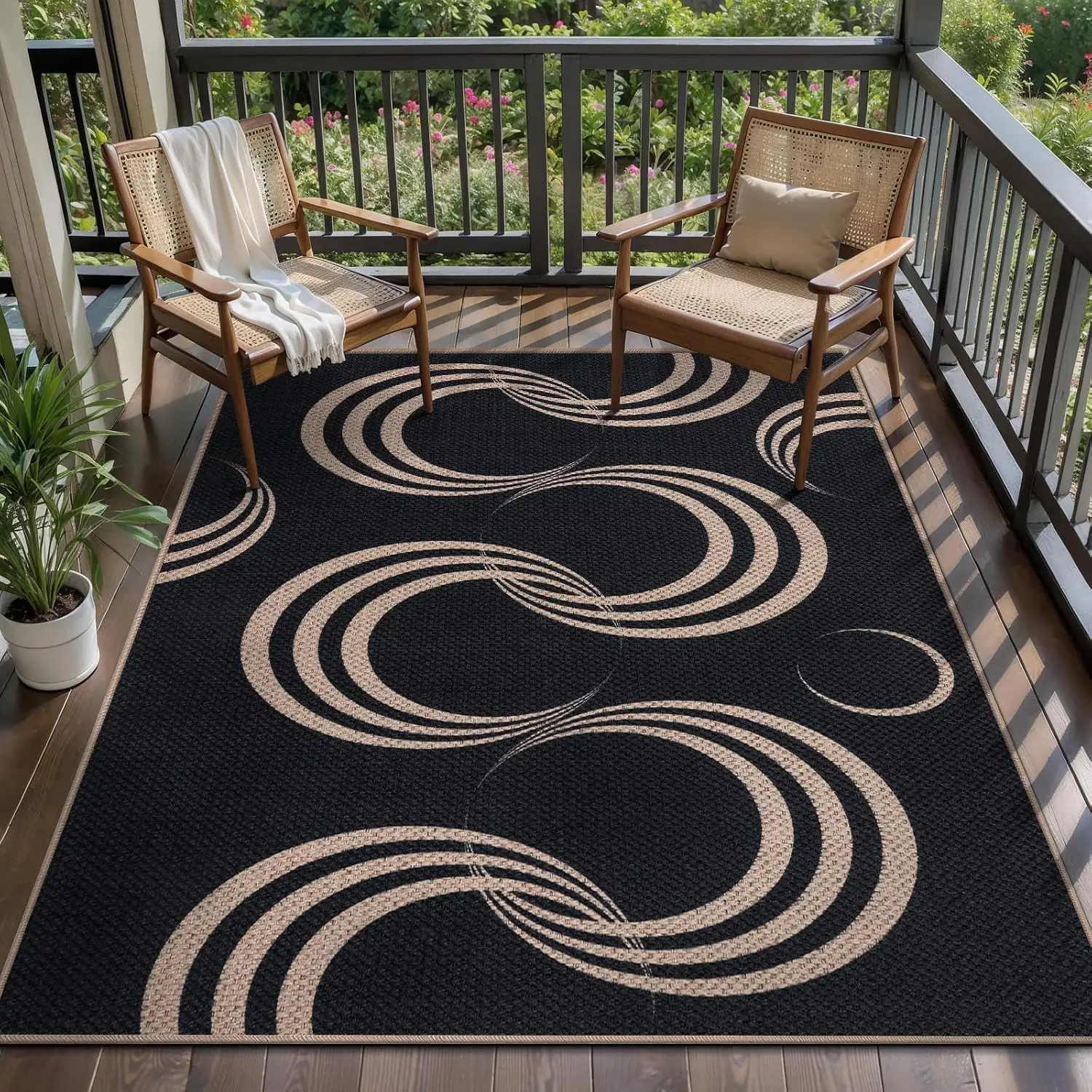 1pc 2D Flat Black Curved Circle Geometric Printed Floor Mat, Decorative Rug for Living Room, Bedroom, Home