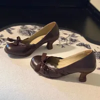 Vintage Brown Chunky Heel Women Pumps Bowknot Round Toe Design Elegant Mary Jane Shoes Comfortable Autumn Winter Women's Shoes - Image 2