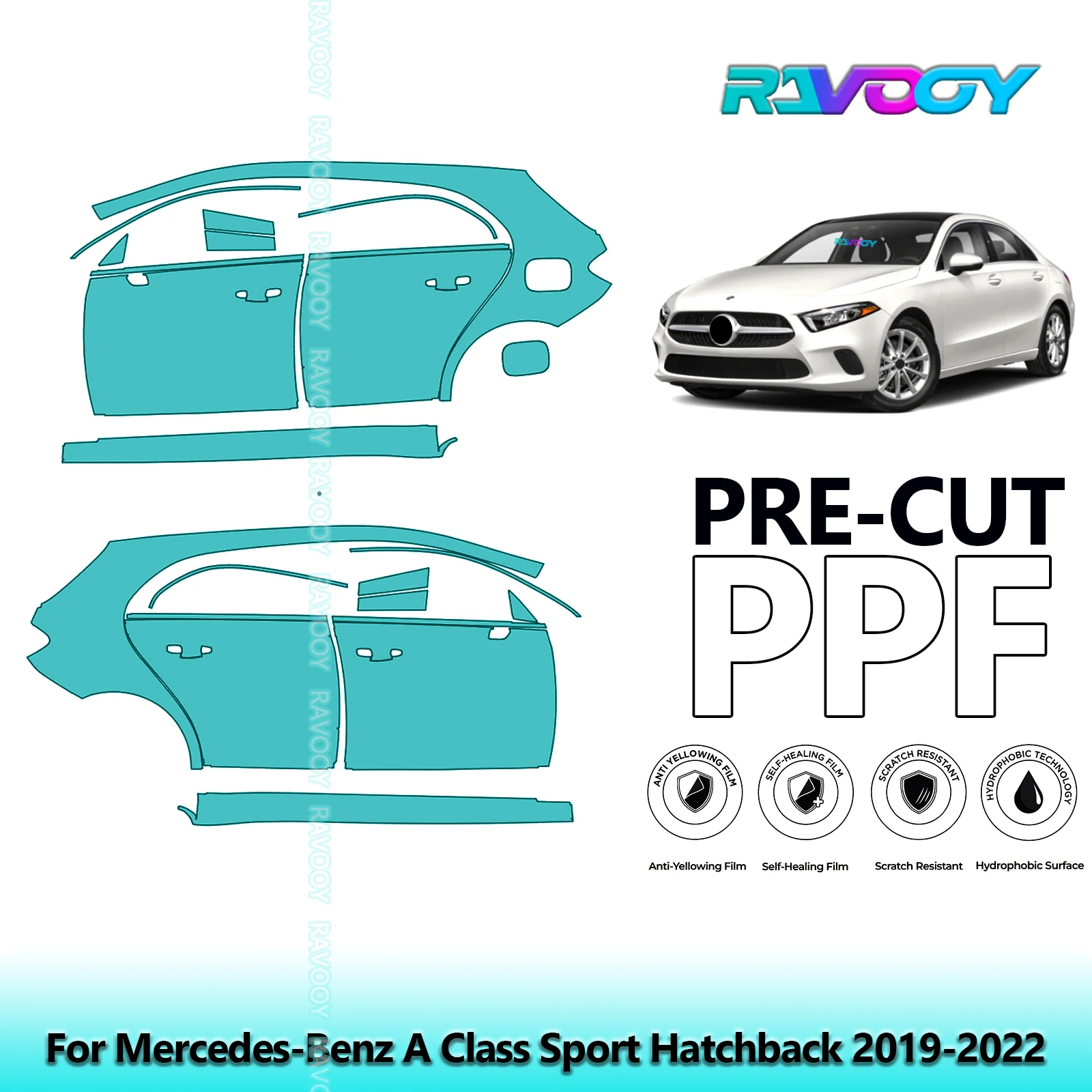 

For Mercedes-Benz A Class Sport Hatchback 2019-2022 8.5mil Pre-Cut PPF Door & A/B Pillar Kit TPU Paint Protection Film Set