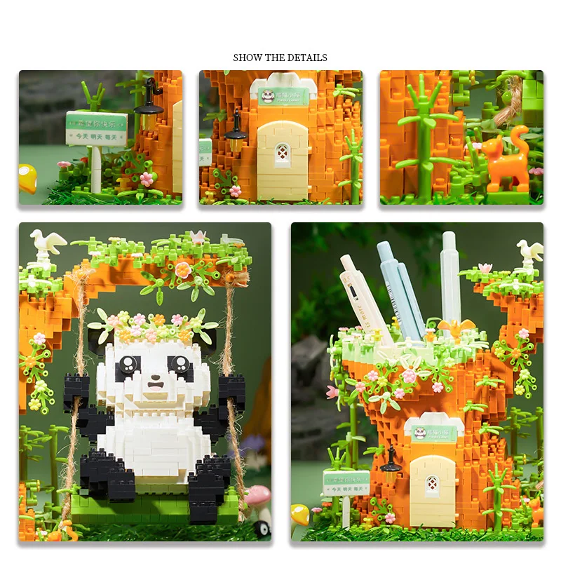 Creative Tree Hole House Nanobricks Panda Swing Micro Diamond Block Pen Container Building Bricks Educational Toys For Gifts