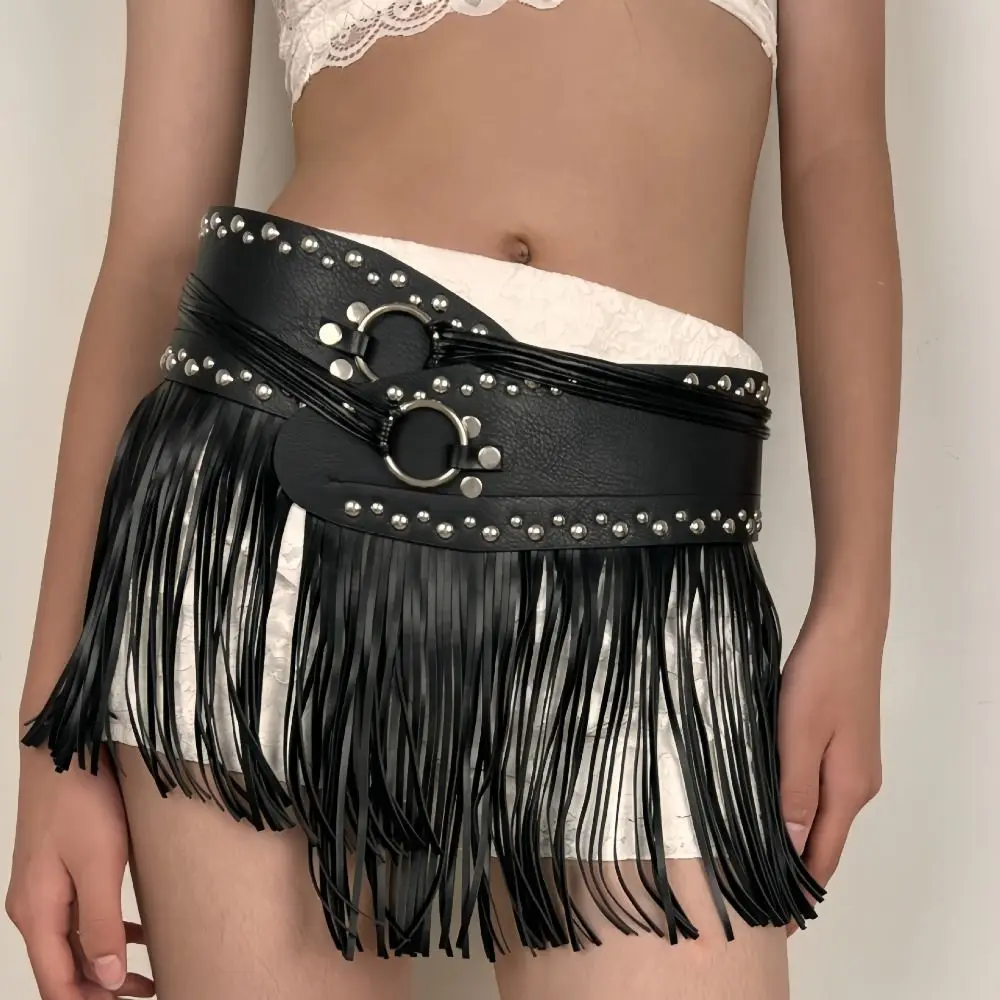 Spice Girl PU Leather Tassel Belt Vintage Patchwork Design Rivet Belt Western Cowboy Punk Style Waistbands High Street