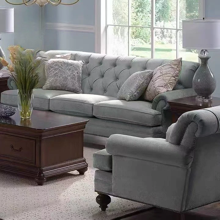 Three-person fabric sofa, European neoclassical fresh blue-green flannel living room furniture