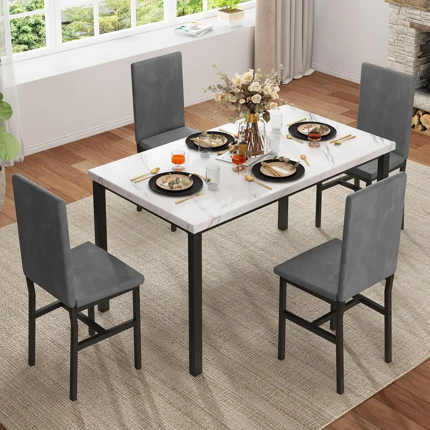 Ensemble de table à manger en faux marbre, table de cuisine moderne et chaises, ensemble de 4, table de salle à manger de 5 pièces peu encombrantes