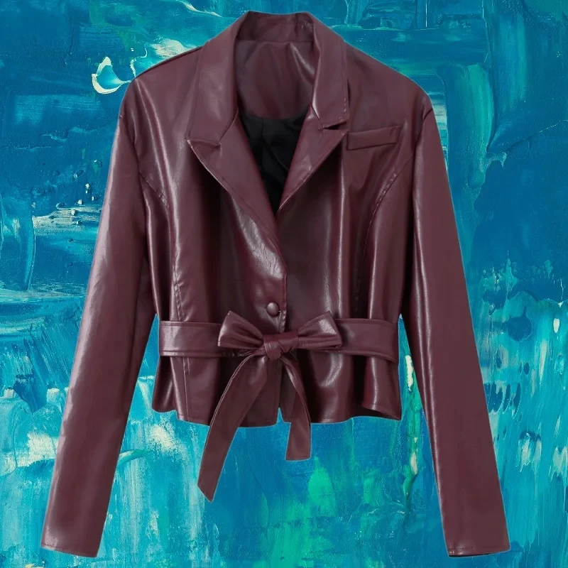 2025 Autumn Winter New Wine Red Turn Down Collar Bow Knot Short Leather Women Fashion Coat Multi Color Options
