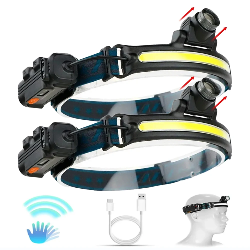 

USB Rechargeable Induction Headlamp Zoom COB LED Head Lamp Built in Battery Flashlight Multifunction 6 Modes Head Torch