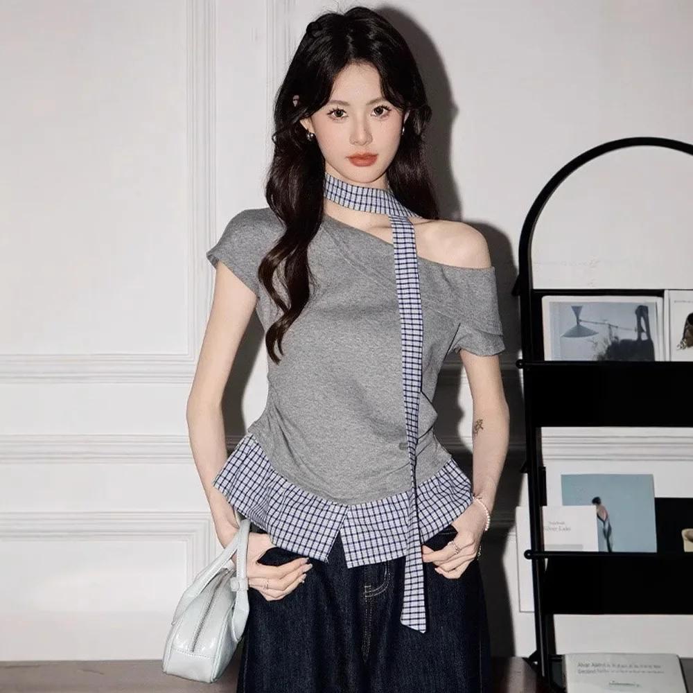

Irregular Slanted Neck Short Sleeved T-Shirt For Women, Summer 2026 New Style, Hanging Neck Splicing Off Shoulder Top