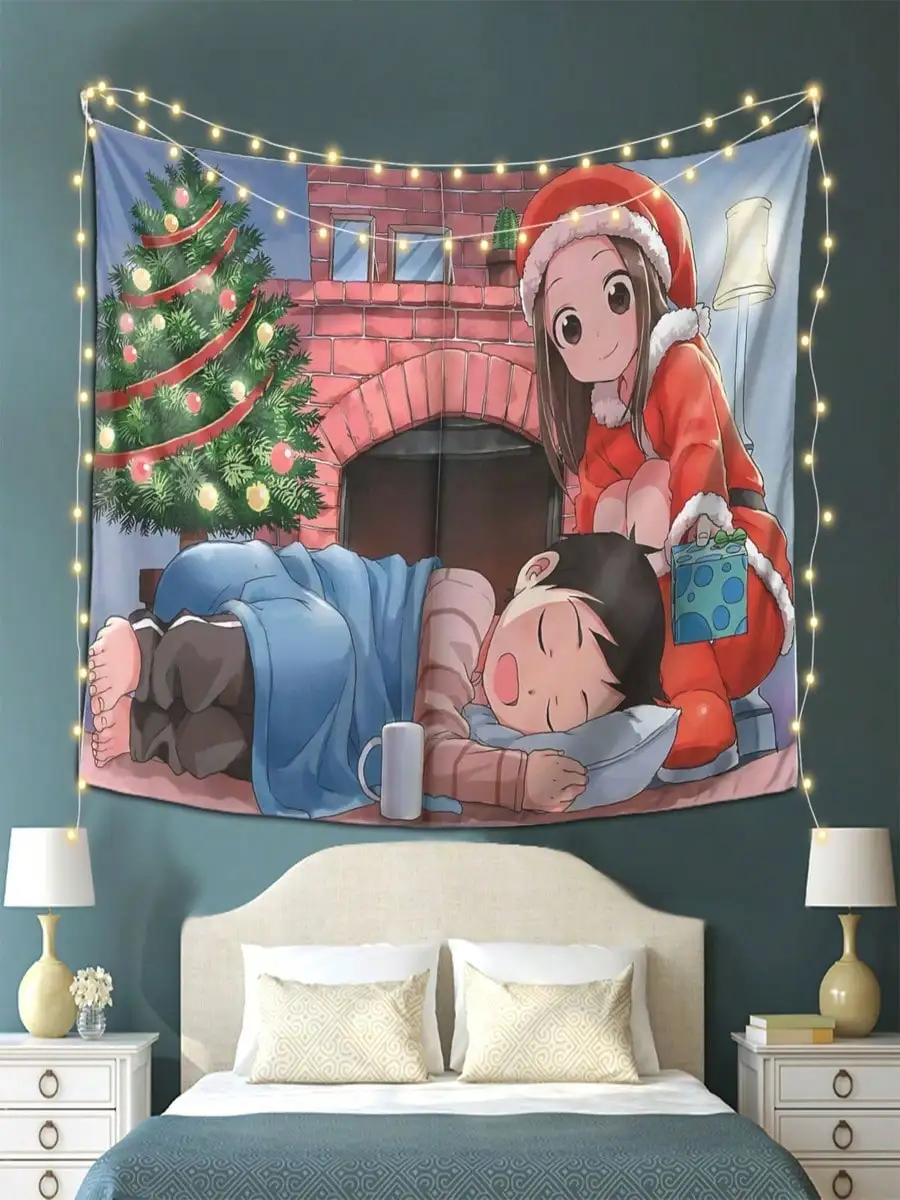 Christmas Anime Girl Tapestry - Cute Holiday Wall Decor, Cozy Fireplace Scene, Multiple Sizes