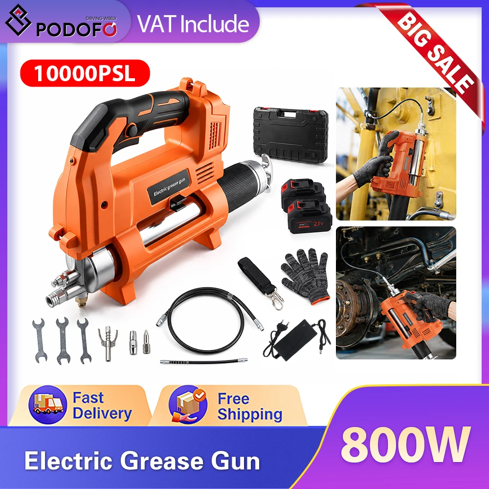 Podofo 10000PSL 800W Elektryczny pistolet do smarowania bezszczotkowy 600CC Ulepszony pistolet do smarowania z oświetleniem, 2 bateriami i wężem 50 cm Elektryczny wtryskiwacz oleju do smarowania dla (with 1 battery)