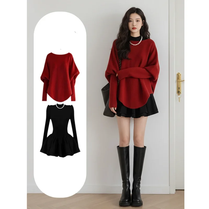 

Женский осенне-зимний красный свитер Lucky, черное мини-бальное платье, жемчужное ожерелье, комплект, женский французский изящный вязаный пуловер, платье, костюмы