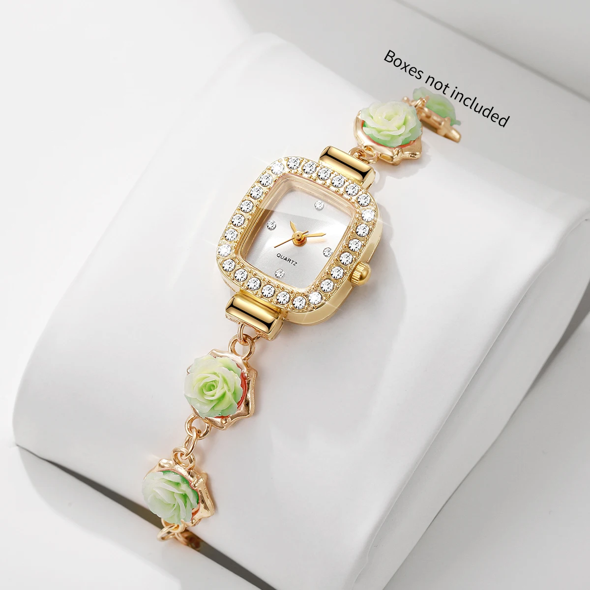 Elegant Rhinestone Women Quartz Watch Green Flower Bracelet Strap Ladies Square Dress Wristwatches Relogio Feminino（Without Box）