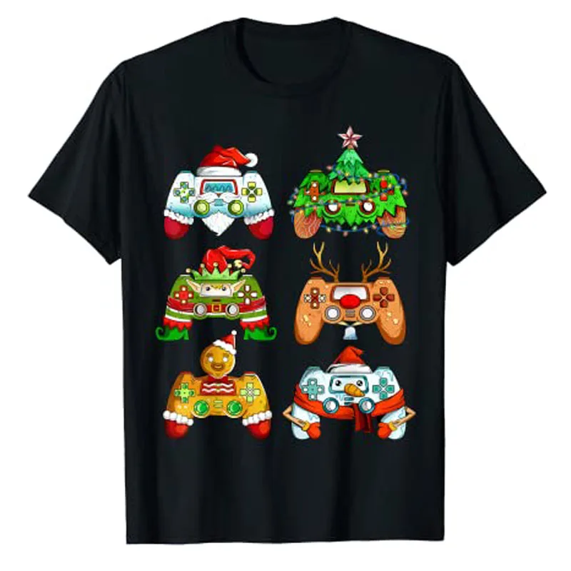 

Christmas Santa Elf Gaming Controllers Snowman Boys Kids Gamer T-Shirt Gifts Play Video Game Holiday Tee Xmas Vacation Y2k Tops