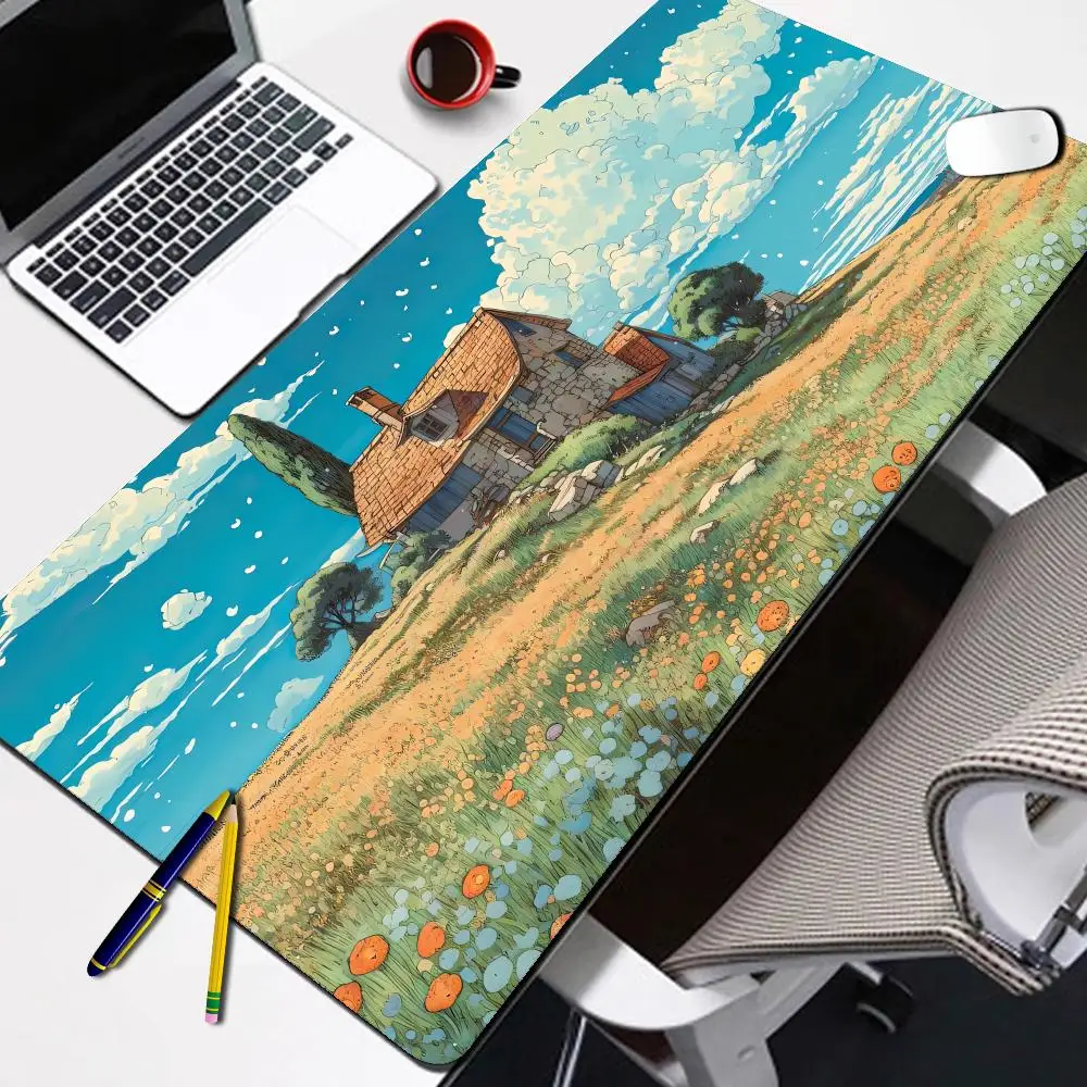 

Rural cottage Field scenery mouse pad mountain sunset cartoon teclado mousepad XXL Extended Computer Non-slip desk mat