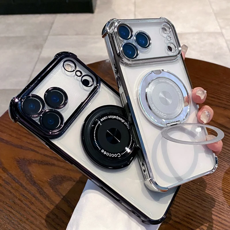 حافظة شفافة للشحن اللاسلكي بحامل دوار لهاتف آيفون 17 Air 16E 15 14 Plus 12 13 11 Pro Max بأربعة زوايا تعزيز غطاء مقاوم للصدمات