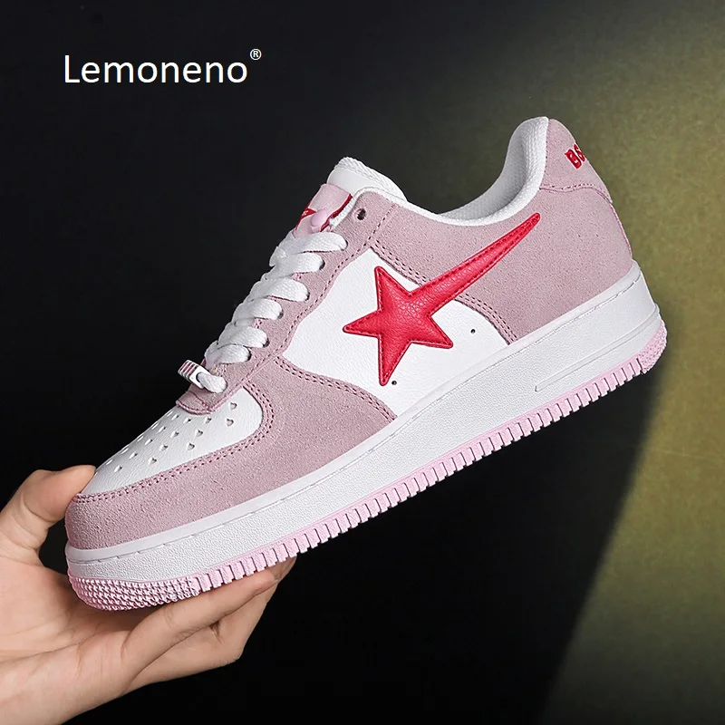 Lemoneno Sneakers 2024 Casual Sport Shoes,Skating Shoes Lace Up Non-slip Comfort Footwear for Travel Walking White Khaki Pink